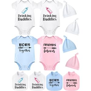 Cutecrop 4 Set Baby Boy Girl Twins Bodysuits Set Twins Matching Outfits Includes 4 Pcs Newborn Baby Romper 4 Pack Bibs and Hat for Boy Girl Gifts