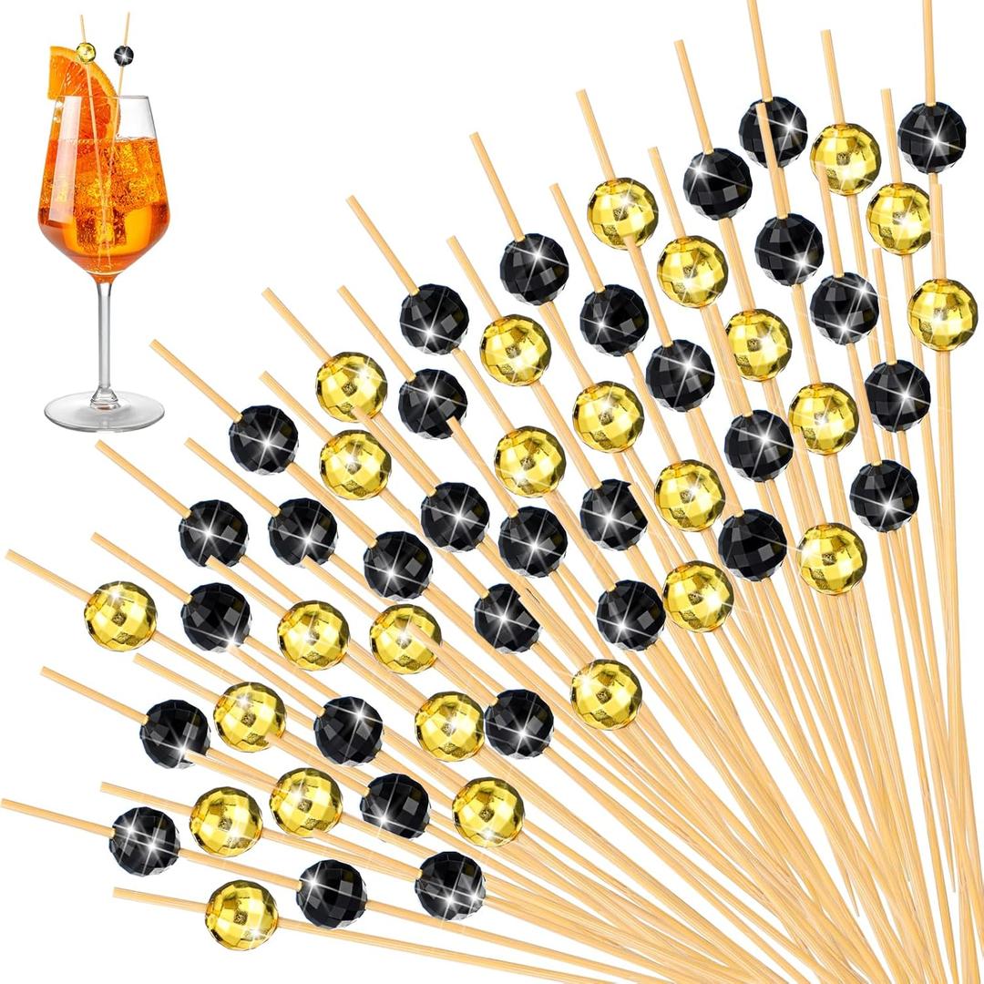 Hushee 300 Pcs Cocktail Picks Disco Ball Decorative Toothpicks for Appetizers Fancy Bamboo Skewers for Drinks Wedding Disco Party Decorations 70s 80s 90s Party Supplies(Gold, Black)
