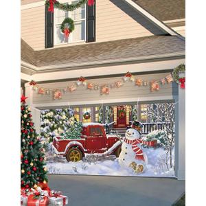 Christmas Garage Door Banner Cover 7 x 8 ft, Merry Christmas Happy Snowman Red Truck Christmas Tree Christmas Garage Door Decorations Holiday Christmas Backdrop Decor for Winter New Year Xmas Party