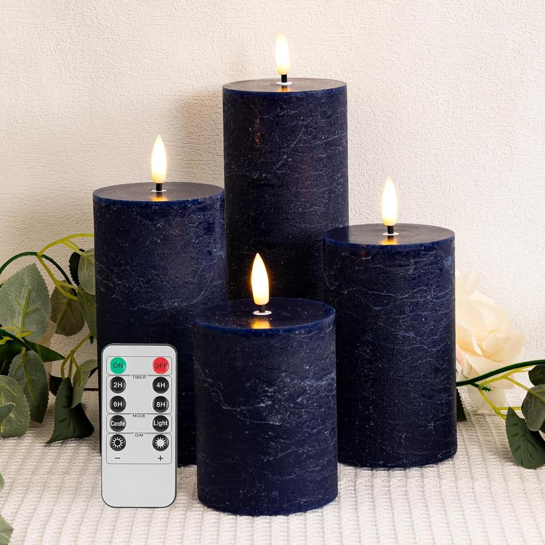 Blue Flameless Pillar Candles, Battery Operated Candles with Remote, Real Wax Flickering LED Candles for Home Party Wedding Holiday Decor, Set of 4, 3" H 4" 5" 6" 8"
