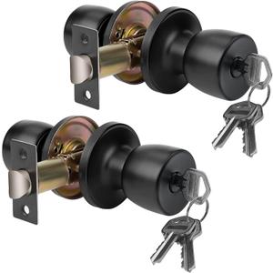 JO.KO 2 Pack Door Knob with Lock and Key, Round Ball Lock Interior/Exterior Door Knob for Bedroom Or Bathroom/Entry Door Handle (Matte Black 2Pack)