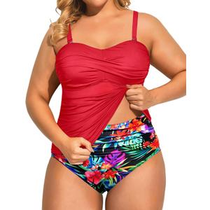 Aqua Eve Women Two Piece Plus Size Tankini Strapless Bathing Suits Bandeau Swimsuits with High Waisted Bottom (18 W, Red Floral)