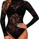Avidlove Long Sleeve Bodysuit for Women Turtleneck Sheer Mesh Bodysuit Geo Print Leotards (Medium, Black)