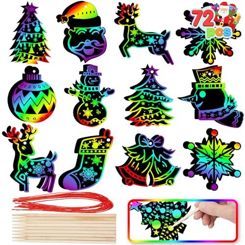 JOYIN 72 Pcs Christmas Scratch Art Ornaments, Scratch Paper Craft Kit Include Snowman, Snowflakes, Christmas Tree, and Reindeer, Rainbow Color Scratch Off Hanging Ornament for Kids Party Favors