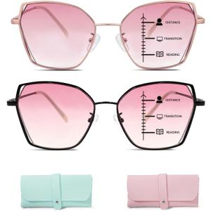 2 Pack Tinted Multifocal Reading Blue Light Blocking Glasses Progressive Bifocal Uv400 Protection Sunglasses Women (Cranberry)