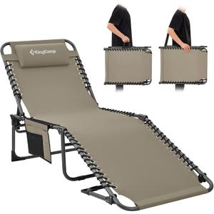 KingCamp Lounge Chair Outdoor, Folding Portable Tanning Chairs Comfy Adjustable 5-Position Lay Flat Foldable Chaise Chaser Lounger with Pillow for Outside Beach Patio Sun Bathing Pool, Beige