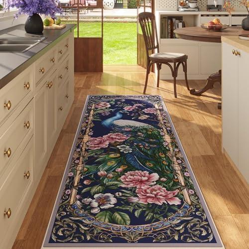 Vowkten Runner Rug for Kitchen 2'6"x8' Washable Rugs with Rubber Backing Soft Floral Peacock Floral Animal Carpet Runner for Kitchen, Laundry, Bedroom, Bathroom (Cobalt Blue)