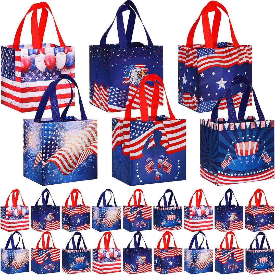 Ctosree 24 Pcs 4th of July Gift Bags Bulk Patriotic Memorial Independence Day Celebration-red White Blue Non Woven Tote with Handle