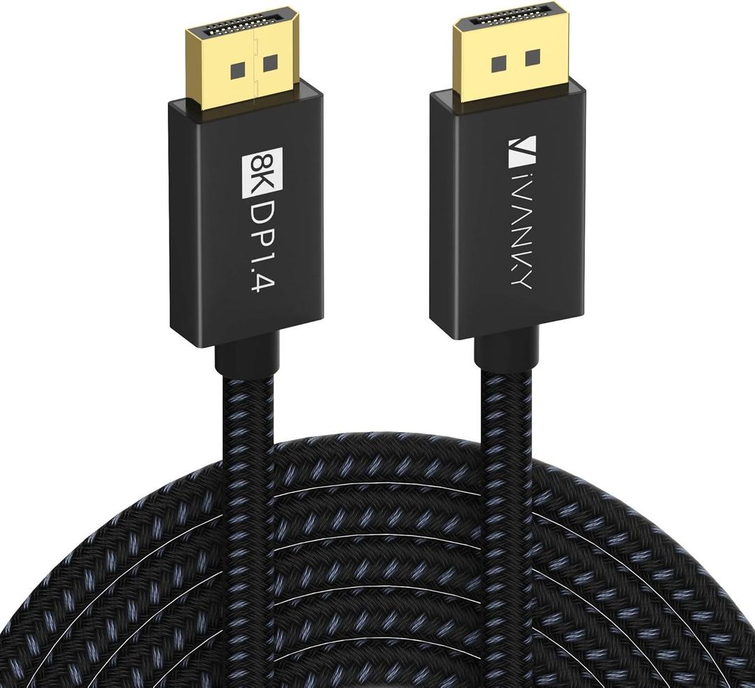 IVANKY DisplayPort Cable 1.4, 8K DP Cable 15ft [8K@60Hz, 4K@144Hz, 1080P@240Hz], Support HBR3, 32.4Gbps, HDCP 2.2, HDR, Compatible for Gaming Monitor, TV, PC, Laptop and More (Black)