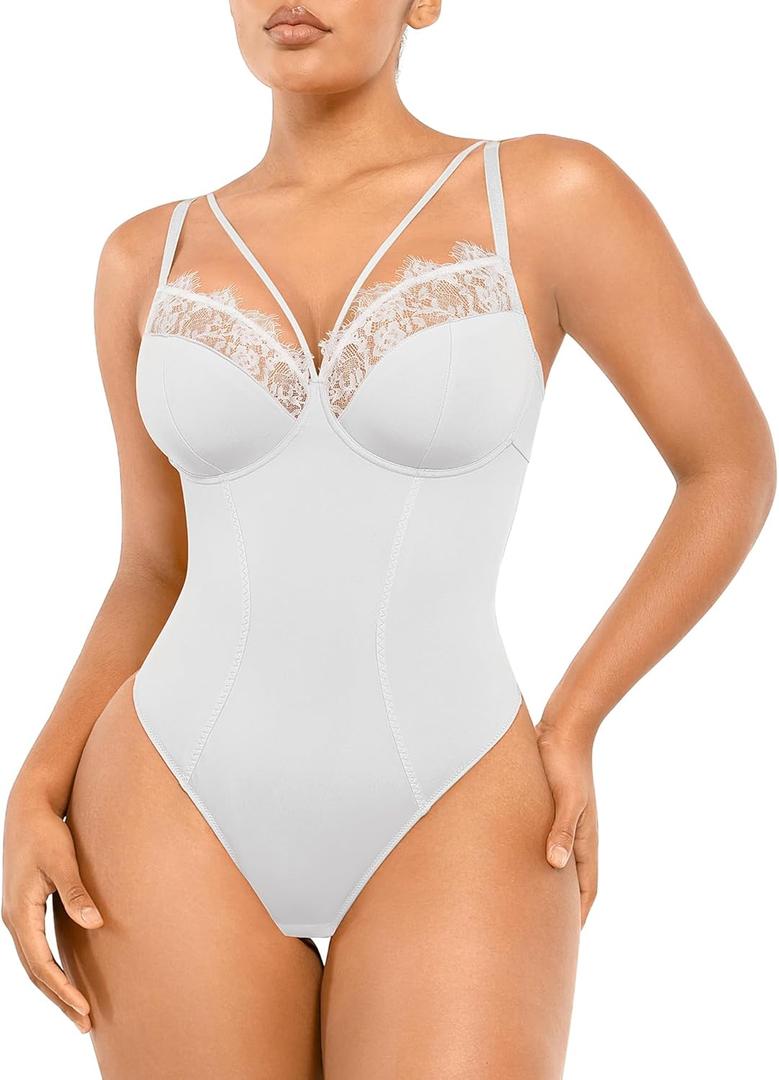 SHAPELLX Women's Shapewear Lace Bodysuit Tummy Control Body Suits Waist Sculpting V Neck Thong Corset Tops (3X-Large, A4-white) SHAPELLX Women's Shapewear Lace Bodysuit Tummy Control Body Suits Waist Sculpting V Neck Thong Corset Tops (3X-Large, A4-white)