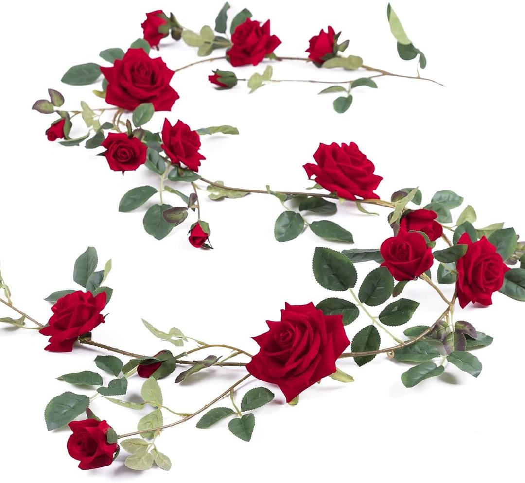 Rose Vine Artificial Flower Garland Fake Hanging Rose Ivy Plants 6ft for Wedding Home Party Garden Arrangement Decor Pack of One (Red)