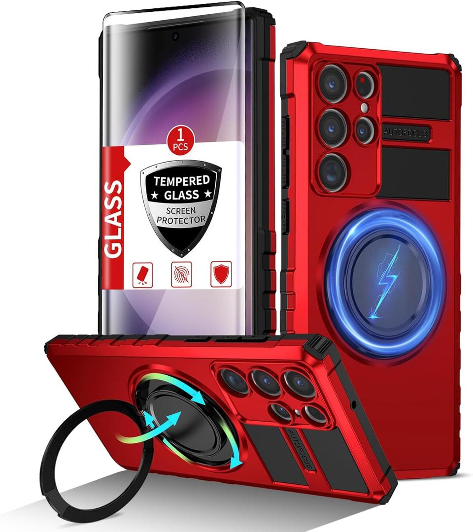 for Samsung Galaxy S23 Ultra Case Magnetic Compatible with Wireless Charging,Phone Case with Screen Protector,Built-in Kickstand Ring Military Grade Drop Shockproof Heavy Duty Protection Red