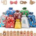 Lousrnman Drawstring Christmas Gift Bags, 40 Large Holiday Gift Bags, 50 Kraft Paper Tags and 2 390in Ribbon Ties, 5 Different Sizes for 8 Designs total 40 Pack Christmas Bags for Presents.