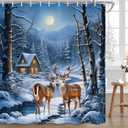 Farmhouse Christmas Shower Curtain, Winter Snow Forest Xmas Pine Tree Deer Bathroom Decor Blue Fabric Shower Curtains with Hooks Set, 72x72 Inch