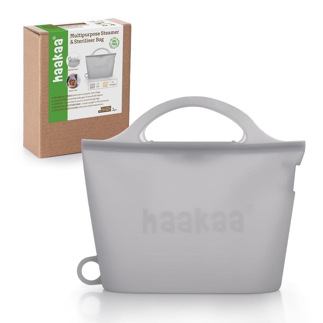 Haakaa Silicone Microwave Steamer & Steriliser Bag, Reusable Silicone Steaming Bags for Baby Bottles, Breast Pump, Accessories, Pacifiers and Teethers, Great for Home and On-The-Go, Grey/1PC (1250ml)