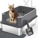 Stainless Steel Litter Box, Extra Large Litter Boxes for Big Cats, XLarge Metal Cat Litter Box with Lid, Anti-Urine Leakage XL Box with High Sides, Easy Clean, Non-Sticky, Scoop Included