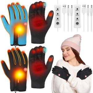 2 Pairs Heated Gloves USB Electric Touchscreen Heated Glove Liners Unisex Washable Winter Hand Protectors with 3 Temperature Adjustment for Indoor Home (Wide, Black, Sky Blue)
