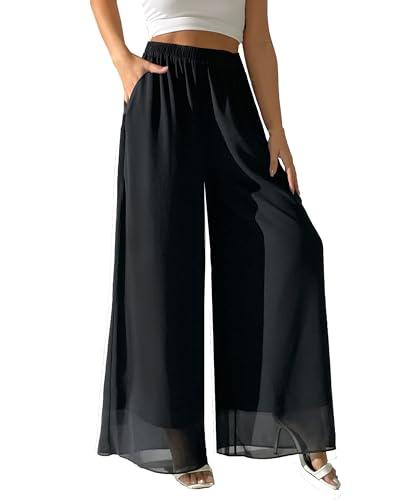 zsangbee Women's Wide Leg Palazzo Pants Chiffon Flowy Loose Party Wedding Dressy Casual Trousers Black, L