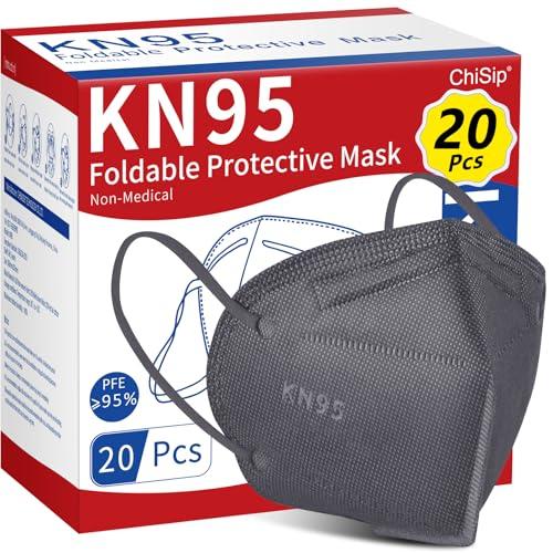 ChiSip KN95 Face Mask 20Pcs, 5 Layer Design Cup Dust Safety Masks, Breathable Protection Respirator Against PM2.5 Dust Bulk for Adult, Men, Women, Indoor, Outdoor Use, Gray