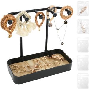 WCHOSOZH Jewelry Organizer Stand, Necklace Holder with Wooden Tray 5 Storage Hooks, Earring Holder with 5 Pcs Jewelry Bags for Bracelet,Chains,Rings,Earrings,Keys Watches,Necklaces (Black)