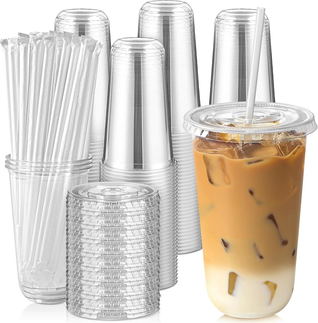 [100 Sets - 18oz Round Bottom Clear Plastic Cups with Lids and Straws, Disposable Iced Coffee Cups with Lids To Go Cold Drink Cups for Smoothies, Juices, Party Catering