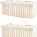 2 Packs Ivory Table Clothes for 4 Foot Rectangle Tables, One-Piece Wrinkle Resistant Stretch Spandex Table Covers with Skirt for Event Banquet Wedding Birthday Party