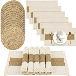 Kochorie 12 Set Handmade Boho Placemats Natural Cotton Burlap Table Mats, 12 Rectangle with Tassel & 12 Round Bulrush Placemats Farmhouse Weave Place Mats for Rustic Dining Table Kitchen Decor