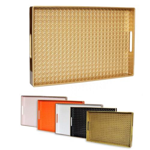 Leemxiiny Gold Decorative Coffee Table Tray, Rectangular Plastic Serving Tray with Handles for Living Room, Ottoman, Bathroom, 15.7"*10.2"