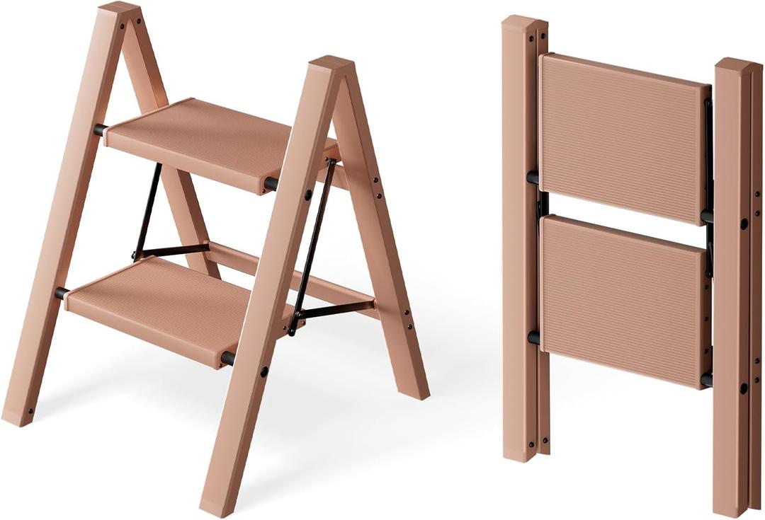 2 Step Ladder, Aluminum Lightweight Folding 2 Step Stool with Anti-Slip Wide Pedal,330lbs Capacity Steel Ladder for Office and Household(Light Peach Pink)