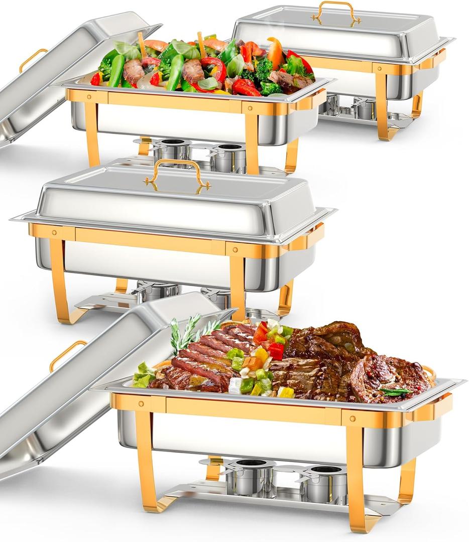 Chafing Dish Buffet Set, 8QT 4 Pack, Rectangle Chafing Dishes for Buffet w/Lid Holder, Stainless Steel Chafer Food Warmers Servers for Kitchen Party Banquet Dining, Gold