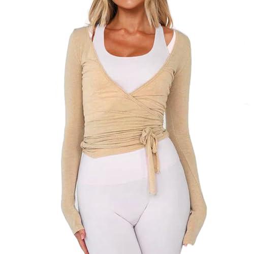 Women Wrap Tie Top Y2k Long SLeeve Ballet Workout Yoga Shirt Coquette Blouses (US, Alpha, Regular, Regular, Khaki), Size Small