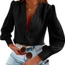 Women's Business Casual Tops Summer Long Sleeve Button Down Shirts V Neck Chiffon Blouses (Medium)