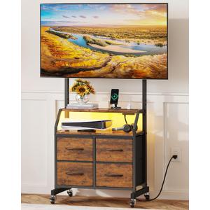 Rolling TV Stand with Mount & 4 Fabric Drawers - TV Stand with Wheels for 32-75" TV, Entertainment Center & Console Table for Living Room or Bedroom, Modern Television Stand with Storage, Rustic Brown