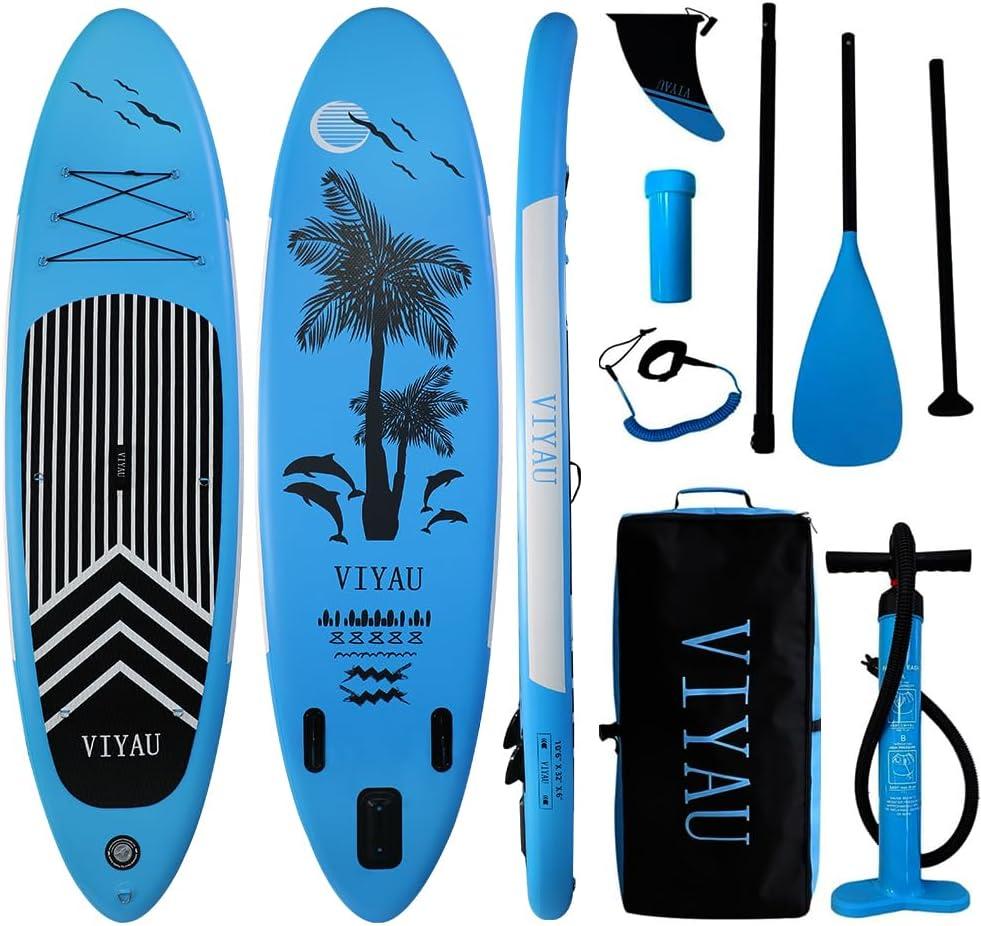 VIYAU Inflatable SUP Board, Stand Up Paddling Board Equipped with 3-Piece Adjustable Aluminum Paddle + Hand Pump, 320 × 81 × 15 cm