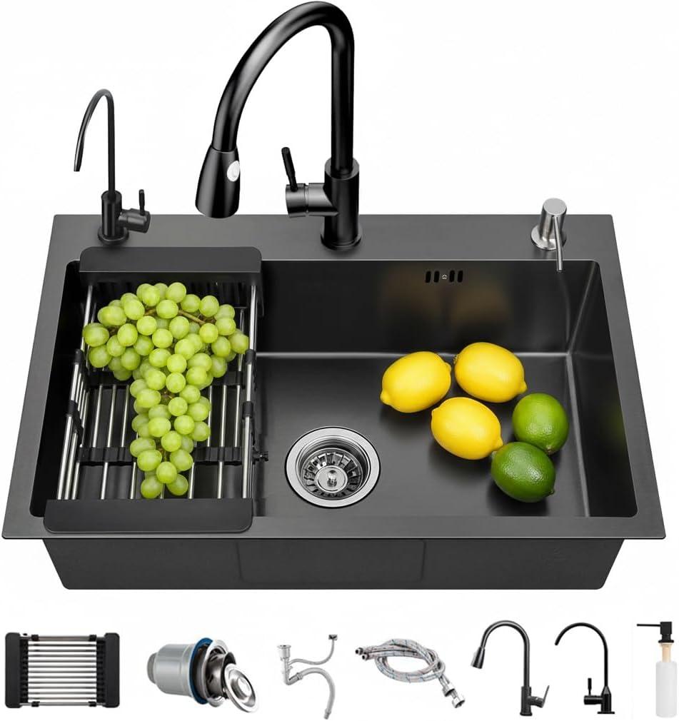 FGNIXLN Drop In Kitchen Sink with Faucet Combo18 Gauge Stainless Steel Single Bowl Kitchen Sink Large Deep Round Corner Handmade Topmount Overmount Basin Kitchen Sinks (22"x18")
