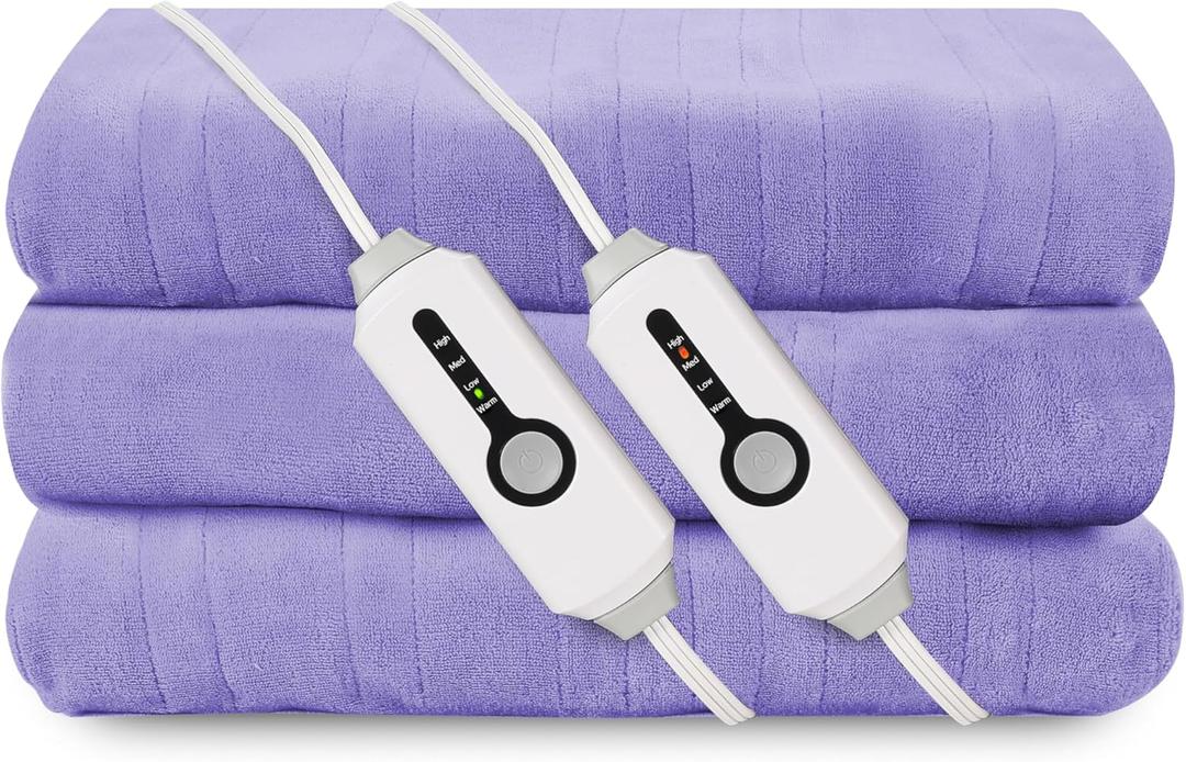 Electric Heated Blanket 84"x90" Queen Size, Soft Coral Fleece, Dual Controllers with 4 Heating Levels and 10 Hours Auto-Off, Machine Washable, Cozy Plush Fabric for Home, Light Purple