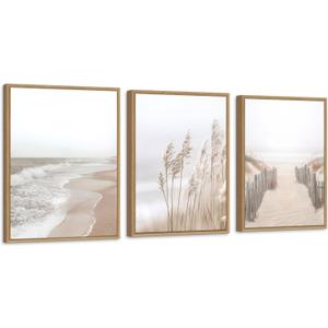 Neutral Beach Pampas Grass Wall Art Boho Coastal Canvas Wall Decor, Ocean Shore Landscape Scene Nature Wilderness Prints Artwork for Living Room Bedroom Framed Ocean Theme, Set of 3, 12x16 Inch