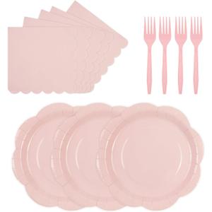 75 PCS Pink Paper Plates and Napkins Party Supplies, LightPink Scalloped Plates Napkins Forks Disposable Tableware Set for Bridal Baby Shower Wedding Birthday Party Decorations (Pink)