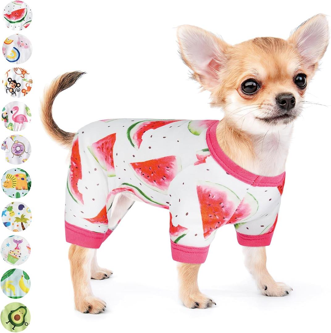 Dog Pajamas for Small Dogs Girl Boy Puppy Pjs Summer Pet Onesies for Chihuahua Yorkie Teacup Cute Soft Material Stretch Able Cat Clothes Outfit Apparel Doggy Jumpsuit (XX-Large, Watermelon)