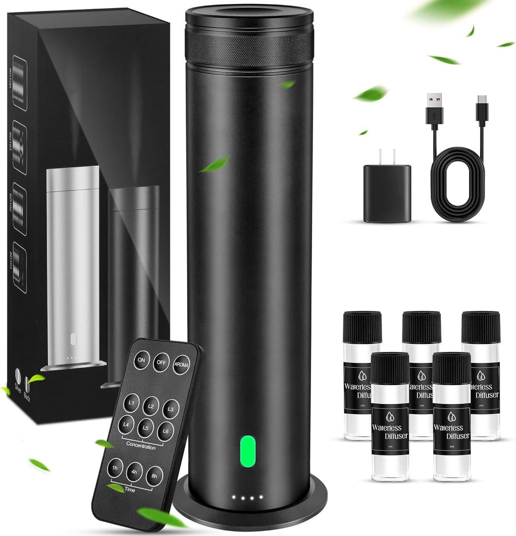 Waterless Scent Diffuser Starter Kit - Suitable for Home and Hotel Series Air Diffuser, 1000 Square Inches of Coverage, 5 Kinds of Scented Essential Oils, Remote Control, Atomizer Core (Black)