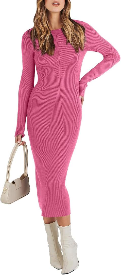 ANRABESS Women Long Sleeve Sweater Dress Crewneck Bodycon Stretch Slim Fit Ribbed Knit Midi Dresses 2025 Fall Trendy Outfits Hot Pink X-Large (Pink, XL)