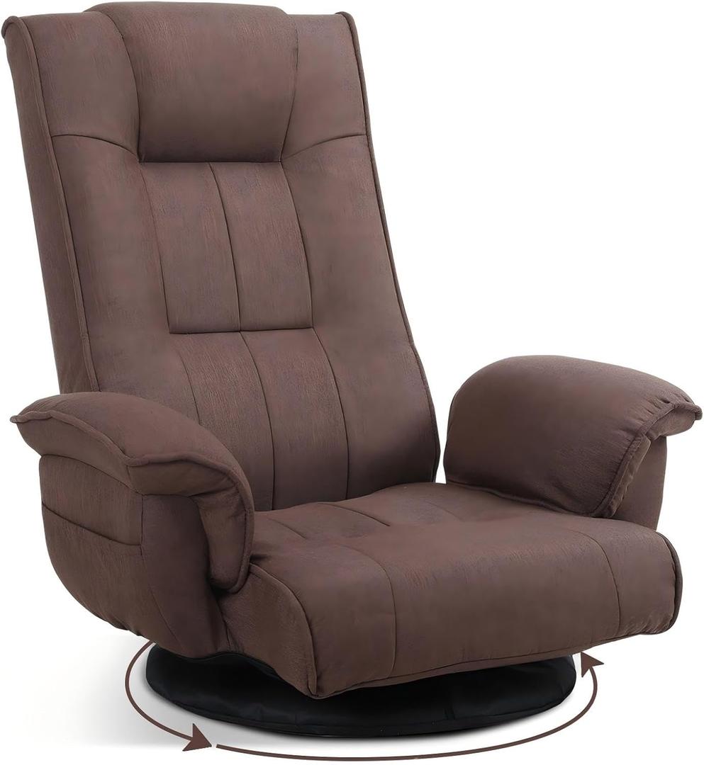 Ergonomic Swivel Floor Gaming Chair with Armrests & Side Pockets, 6-Position Reclining Sofa Bed, Foldable Padded Lounger with Thick Cushion & Lumbar Support for Esports, Reading, TV Watching (Brown)