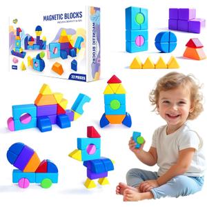 Big Magnetic Building Blocks, 1.65 Inches Multi-Shape Magnet Toy Set for Toddlers, 8 Colors Montessori Sensory Construction Tiles for Boys and Girls 3 4 5 6 Years Old (22PCS)