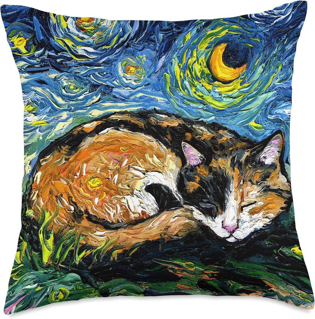 Sleeping Calico Cat Starry Night Animal Lover Pet Artwork Throw Pillow (18x18)