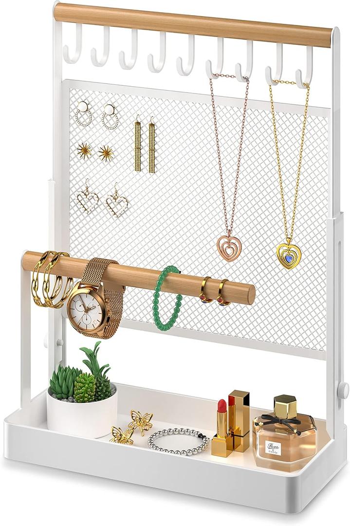 Jewelry Organizer Stand, Liftable Necklace Holder with Earring Organizer Net, 9 Hooks Necklaces Storage Wooden Handing Bar for Bracelets Watches Rings (White)