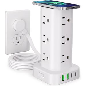 Power Strip Tower with Wireless Charger, Flat Plug Surge Protector Tower with 6FT Extension Cord, 12 AC Multiple Outlets, 4 USB (2 USB C),15W Wireless Charging Power Tower for Home Office Dorm, White