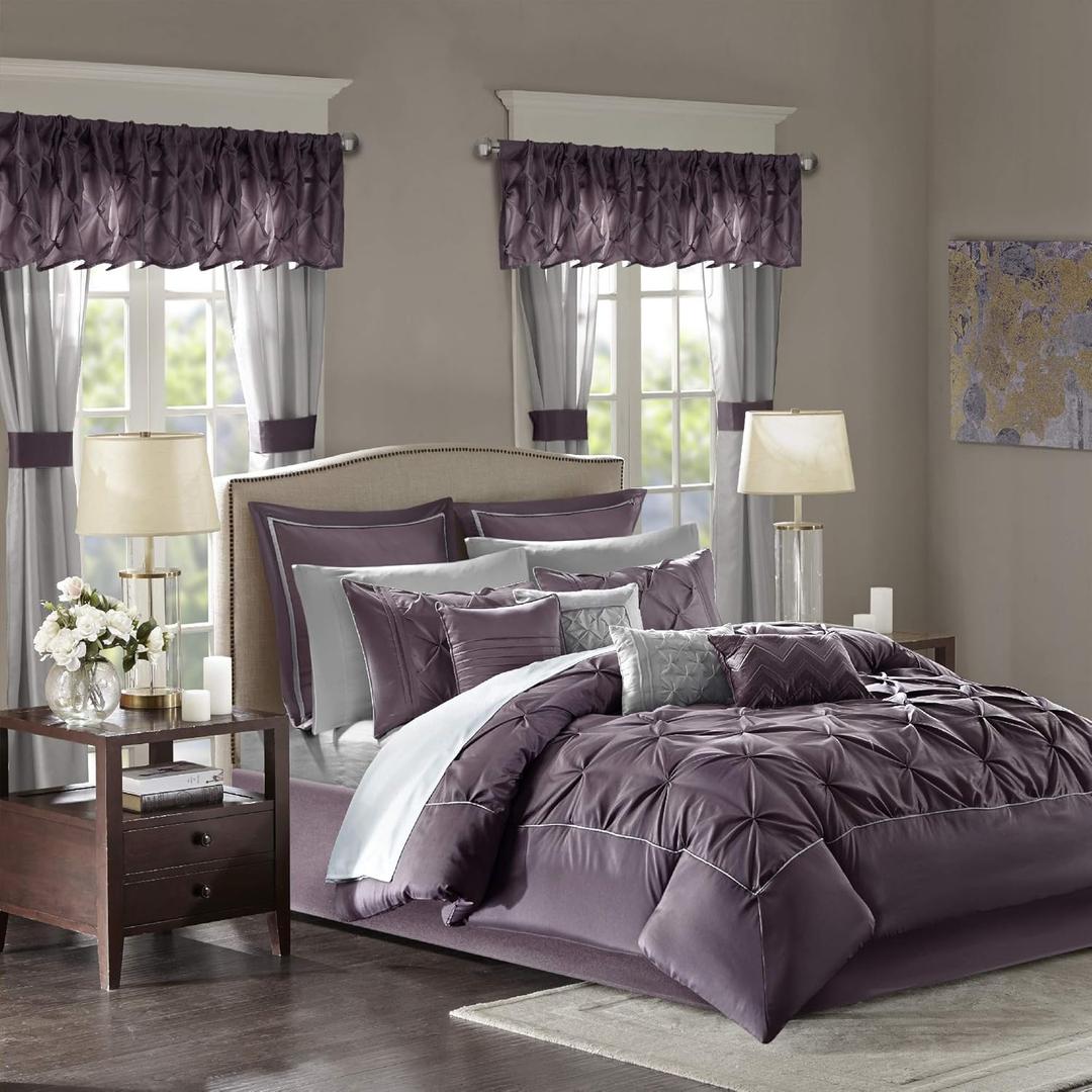 Madison Park Essentials Queen Comforter Set, 24 Piece Bedding With Matching Curtains, Decorative Pillows, Luxe Diamond Tufting , Room in a Bag Joella Collection, Plum Queen