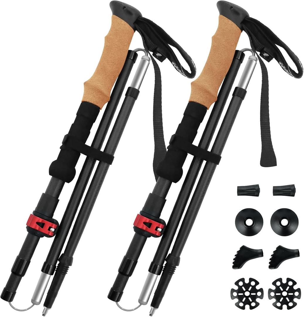 Carbon Fiber Trekking Poles 2-Pack - Lightweight Collapsible Hiking Sticks with Cork Grip & Quick-Lock System, Portable Walking Poles for Travel & Backpacking, Suitable for Men, Women and Seniors