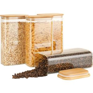 56oz Rectangle Airtight Glass Storage Containers with Bamboo Lids (Set of 4), Square Food Storage Jar, Pantry Organizers for Oats, Cereal, Pasta and Coffee beans (with Black Lable)