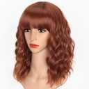 AISI HAIR Synthetic Wavy Curly Bob Wig with Bangs Burnt Orange Short Wigs for Women Synthetic Heat Resistant Bob Wigs